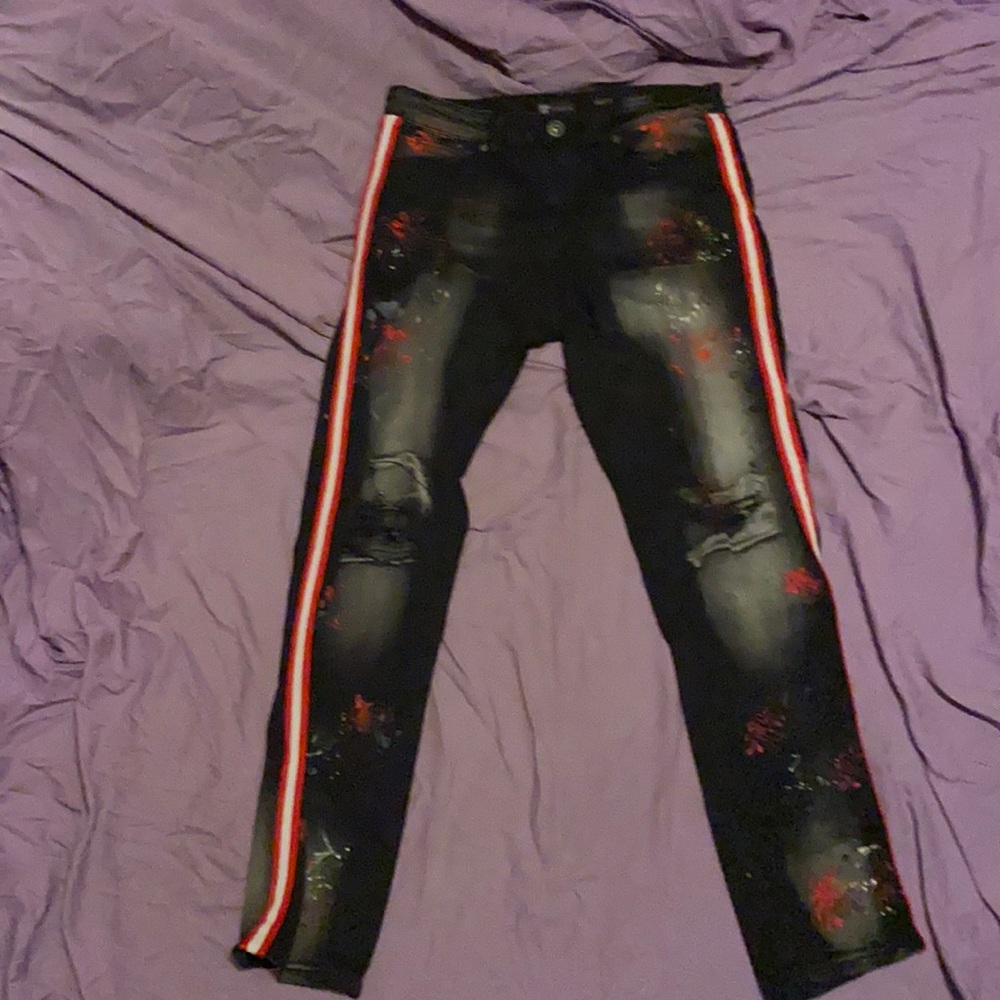 Black jeans with red and white stripes on side /34x30/ skinny fit